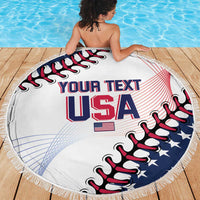 Round beach blanket with white base and fringe, “YOUR TEXT USA” centered baseball art
