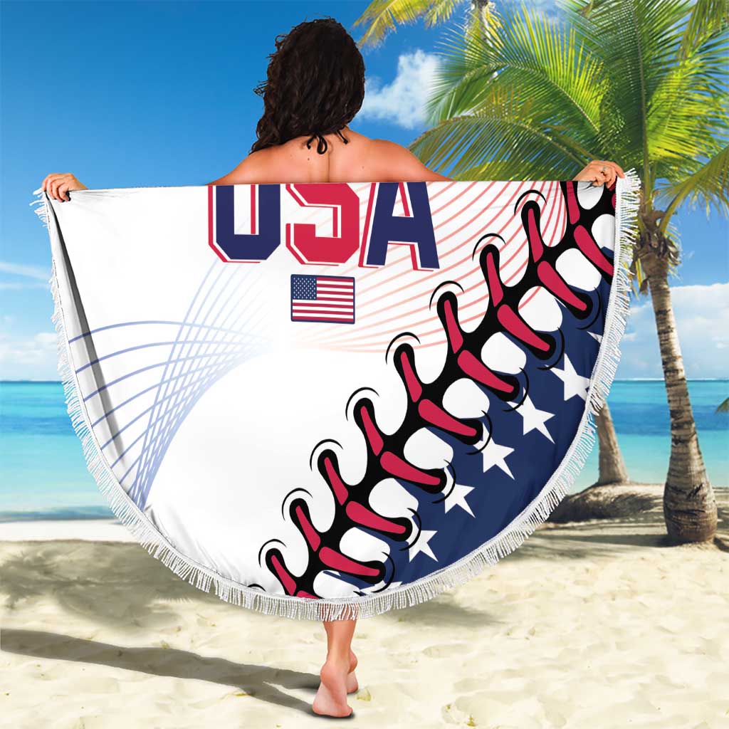 White round beach blanket with fringe showing “USA” text, flag emblem, and baseball stitches