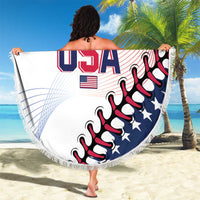 White round beach blanket with fringe showing “USA” text, flag emblem, and baseball stitches