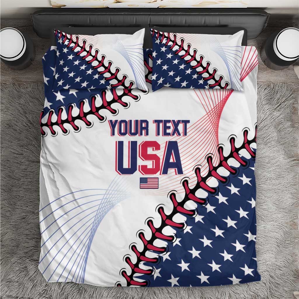 Baseball USA bedding set with white duvet and blue star panel, “YOUR TEXT USA” print