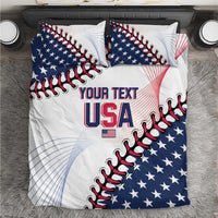 Baseball USA bedding set with white duvet and blue star panel, “YOUR TEXT USA” print