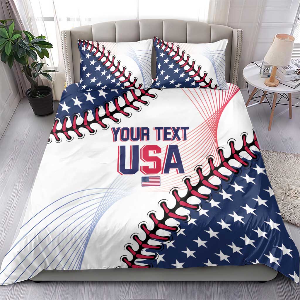 Baseball USA bedding set: white duvet with blue stars, red “YOUR TEXT USA” center graphic