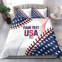 Baseball USA bedding set: white duvet with blue stars, red “YOUR TEXT USA” center graphic