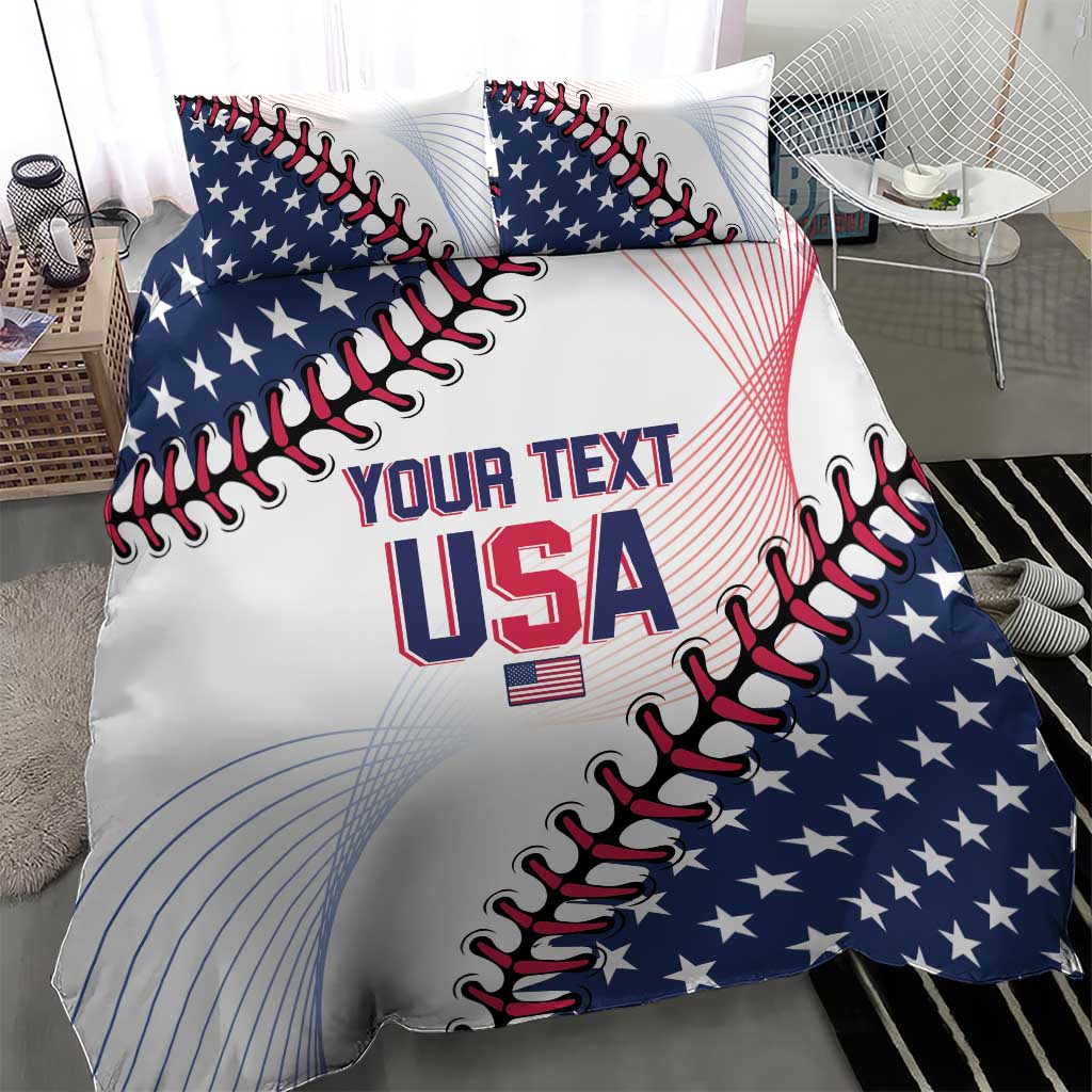 Baseball USA duvet and pillow set with blue star pattern, red “YOUR TEXT USA” lettering