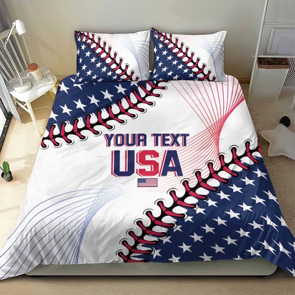 Baseball USA bedding set on bed: white duvet with blue stars and red “YOUR TEXT USA” print