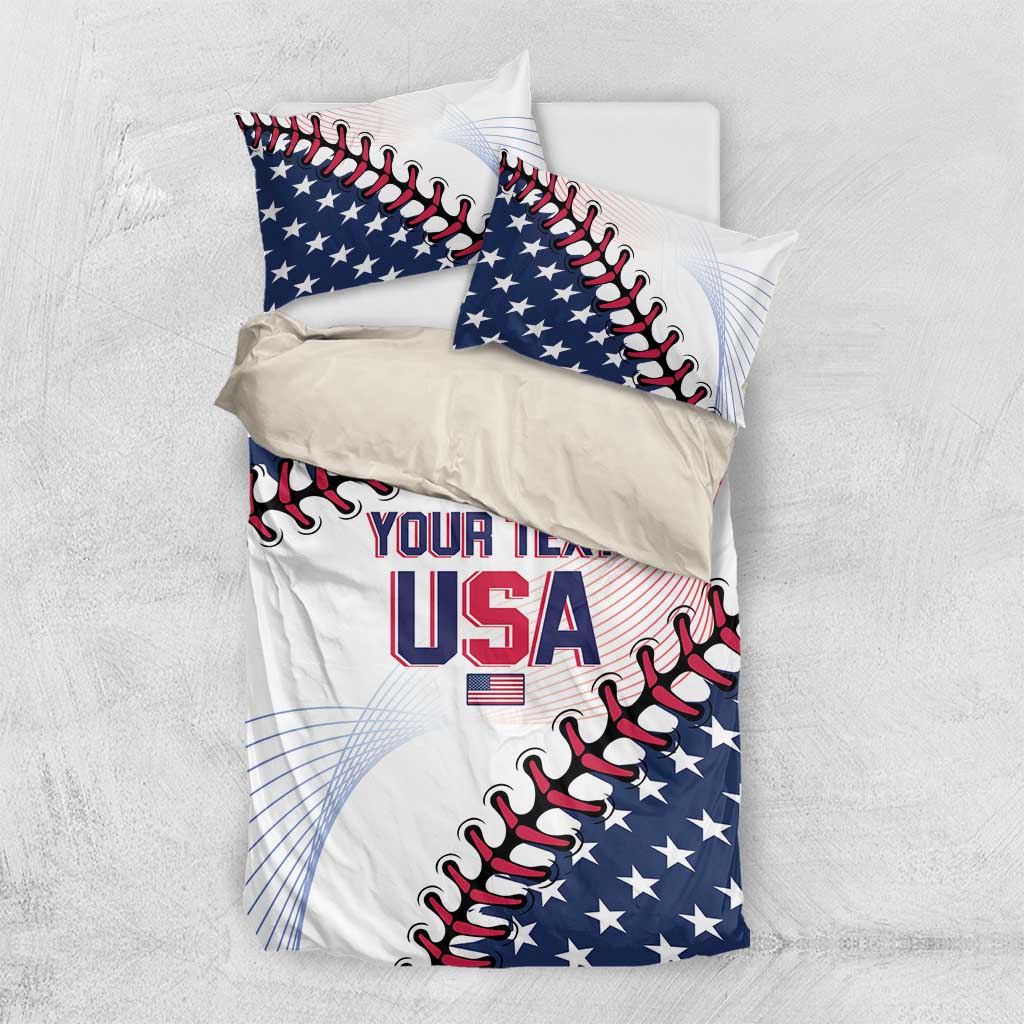 Baseball USA bedding set laid flat: white duvet with blue stars and red “YOUR TEXT USA”