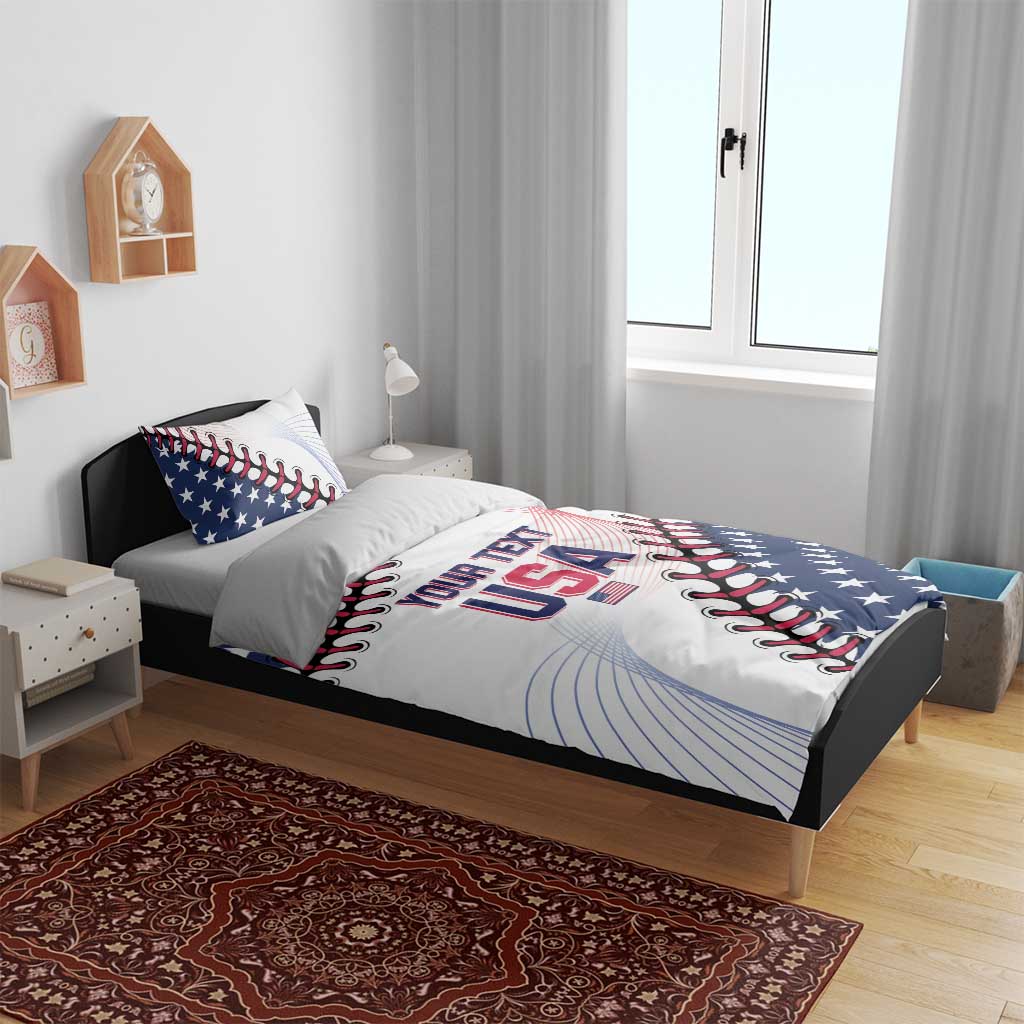 Baseball USA bedding set on dark bed: white duvet with blue stars and “YOUR TEXT USA”