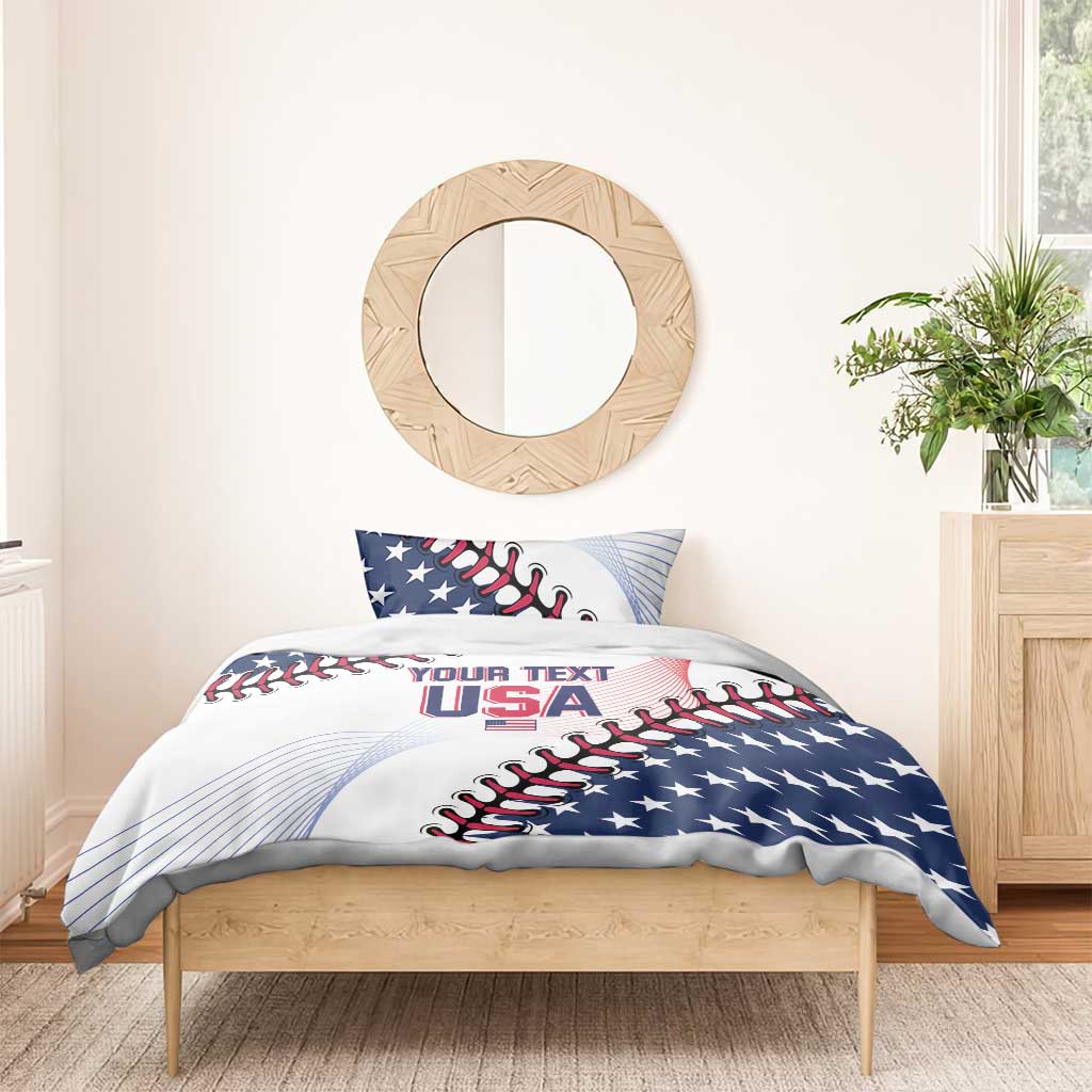 Baseball USA bedding set on light bed: white duvet with blue stars and “YOUR TEXT USA”