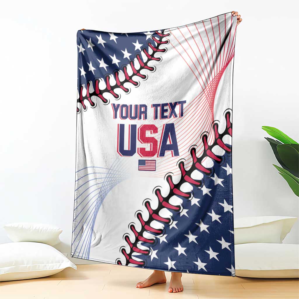 Patriotic baseball USA blanket in white with blue stars and red stripes, 'YOUR TEXT' centered