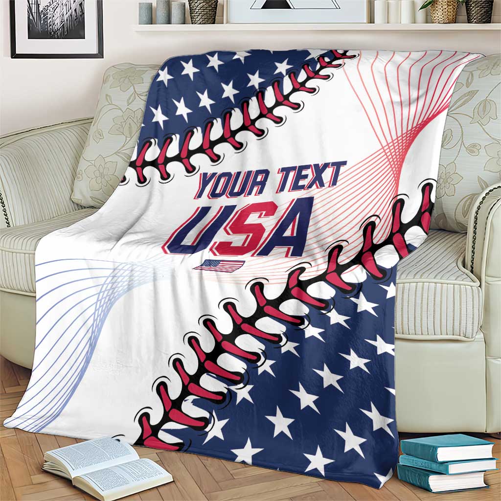 Patriotic baseball USA blanket on couch, white with bold 'USA' and star-and-stripe design