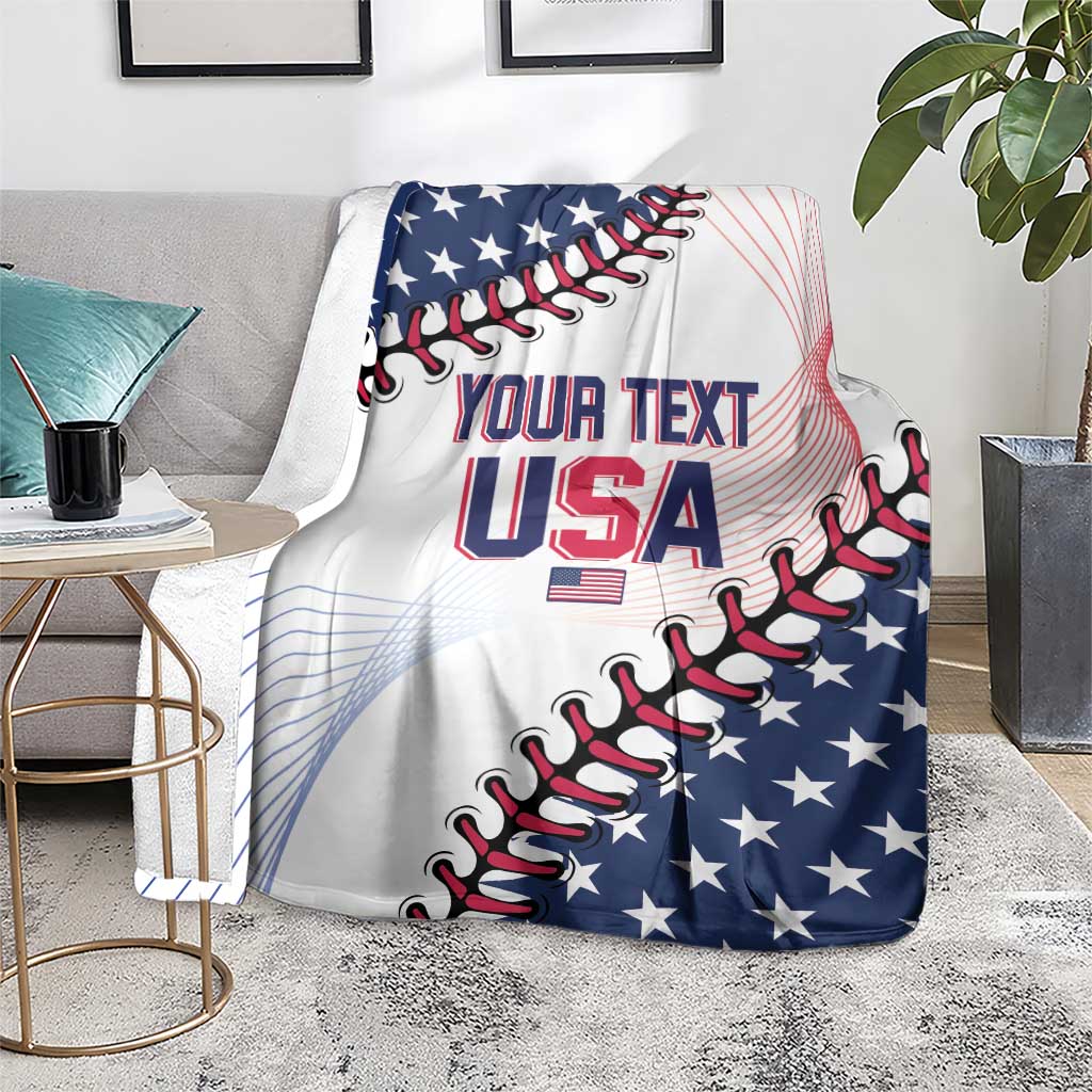 Patriotic baseball USA blanket on floor, white with blue stars and red stripe 'YOUR TEXT'
