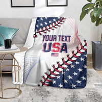 Patriotic baseball USA blanket on floor, white with blue stars and red stripe 'YOUR TEXT'