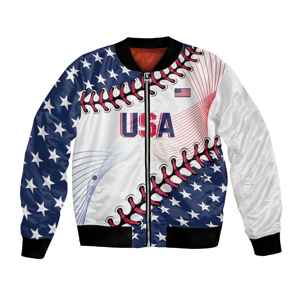 White and navy baseball bomber jacket with USA graphic, striped sleeves, ribbed cuffs and hem