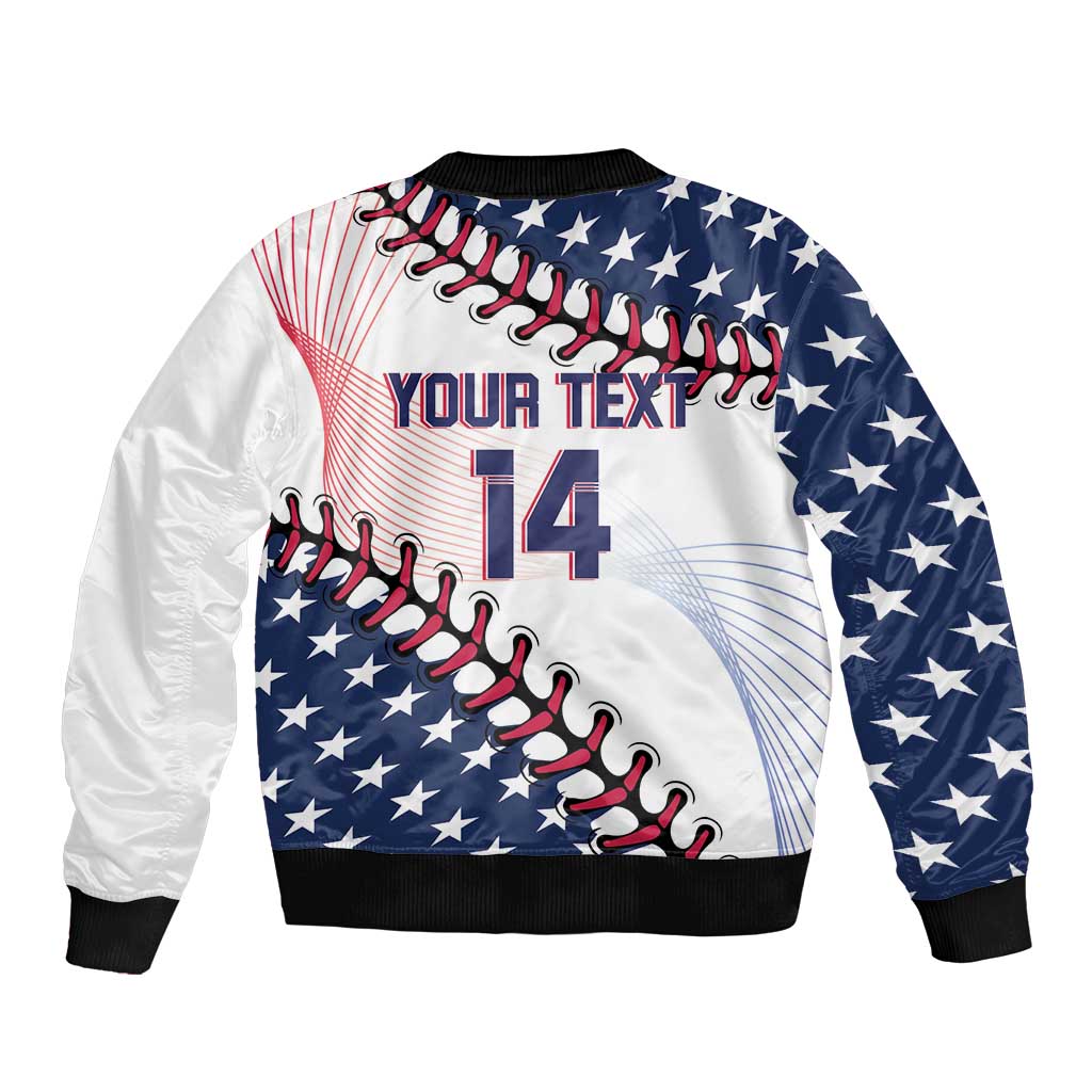 White and navy bomber jacket with stars, 'YOUR TEXT' back print, ribbed trim
