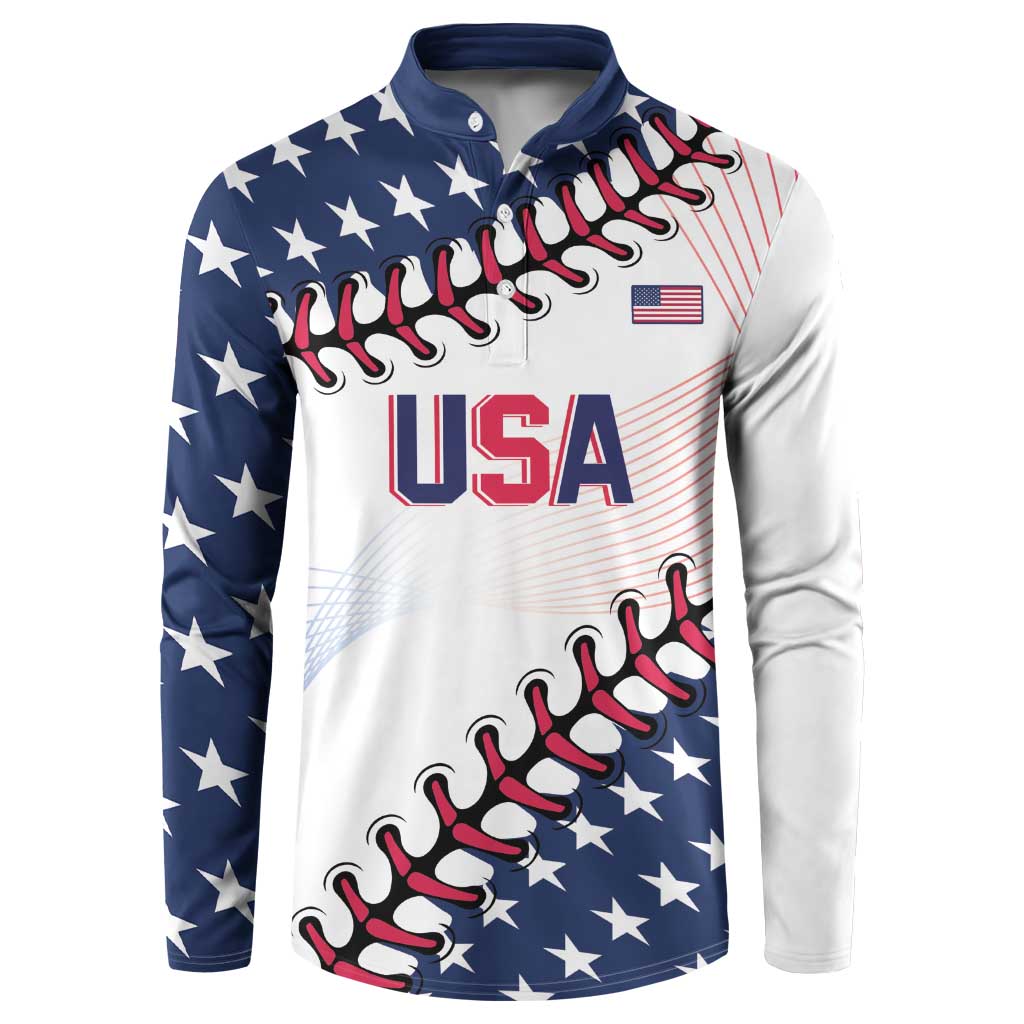 Button-up baseball sweatshirt with USA stars-and-stripes graphic, long sleeves