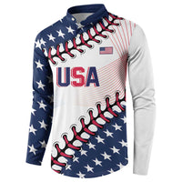 Button-up baseball sweatshirt with USA stars-and-stripes graphic, long sleeves, side view