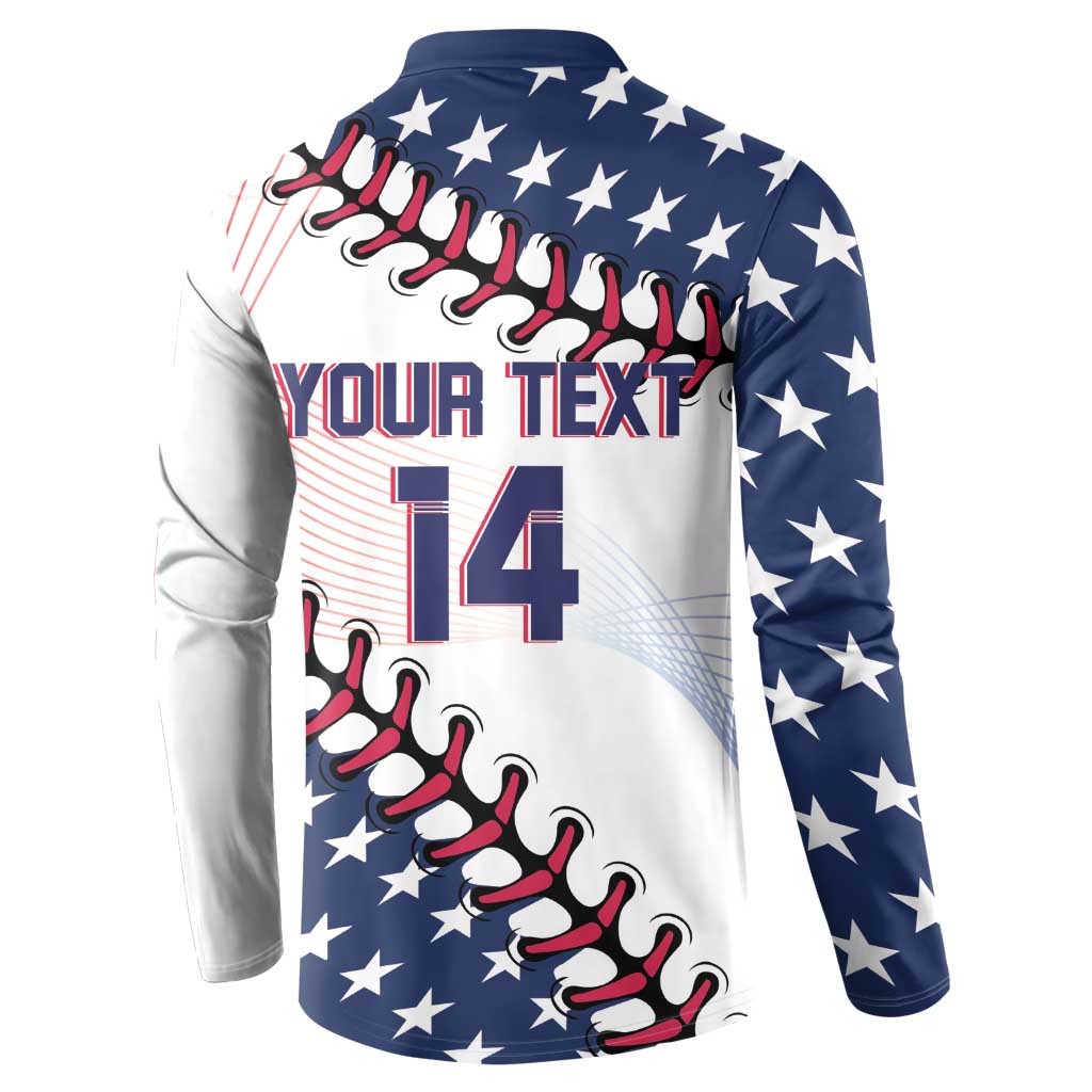 Button-up baseball sweatshirt with YOUR TEXT and 14 print, stars-and-stripes, long sleeves