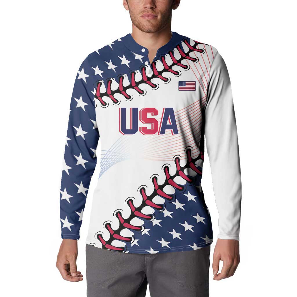 Button-up baseball sweatshirt with USA stars-and-stripes graphic, worn by model