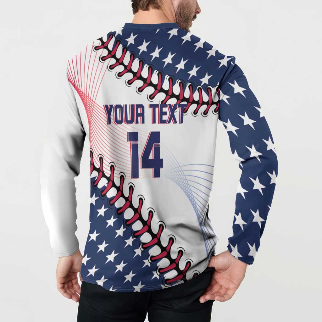 Button-up baseball sweatshirt back with YOUR TEXT and 14 print, stars-and-stripes pattern