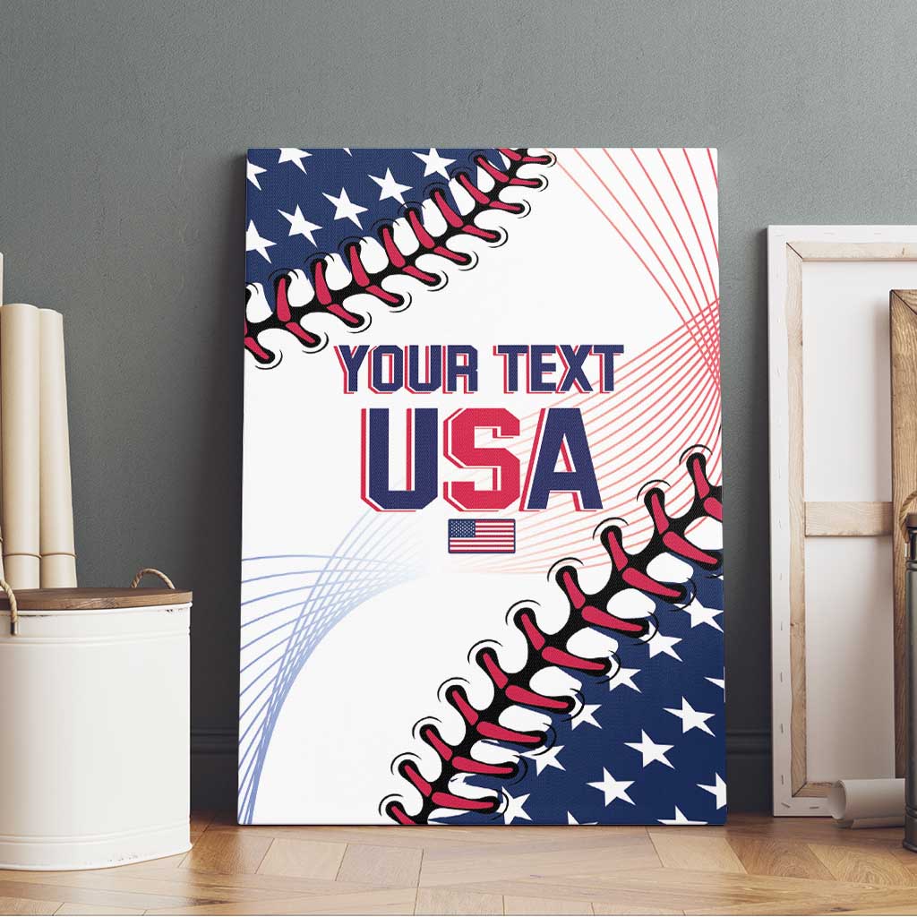 Canvas wall art USA baseball design with your text, shown on a wooden floor surface