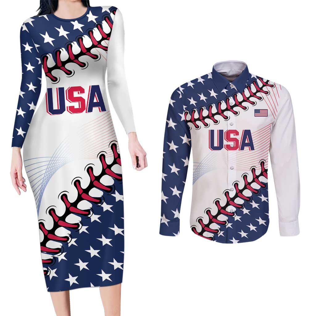 Custom Baseball 2024 USA Couples Matching Long Sleeve Bodycon Dress and Long Sleeve Button Shirt Go United States - Wonder Print Shop