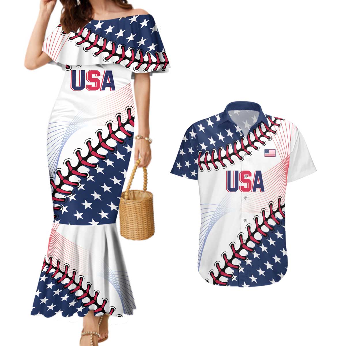 Custom Baseball 2024 USA Couples Matching Mermaid Dress and Hawaiian Shirt Go United States - Wonder Print Shop