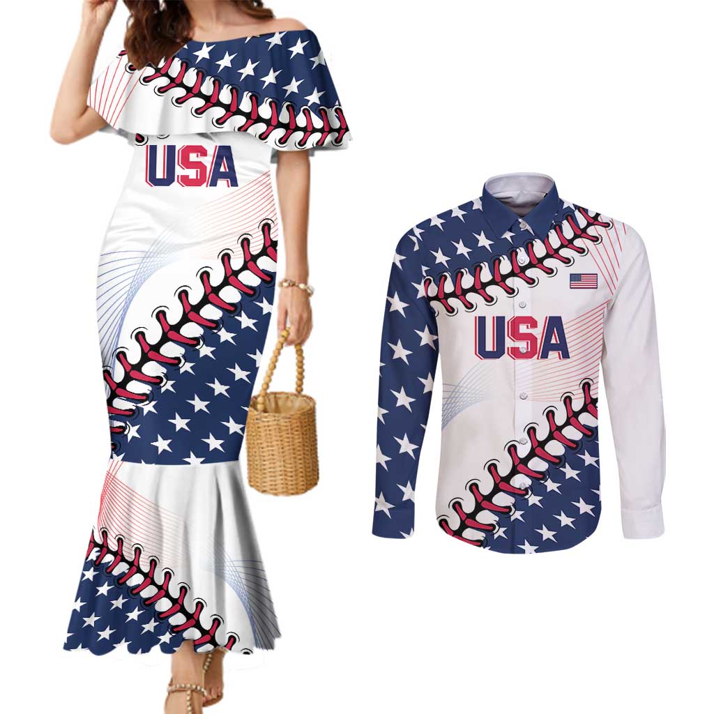 Custom Baseball 2024 USA Couples Matching Mermaid Dress and Long Sleeve Button Shirt Go United States