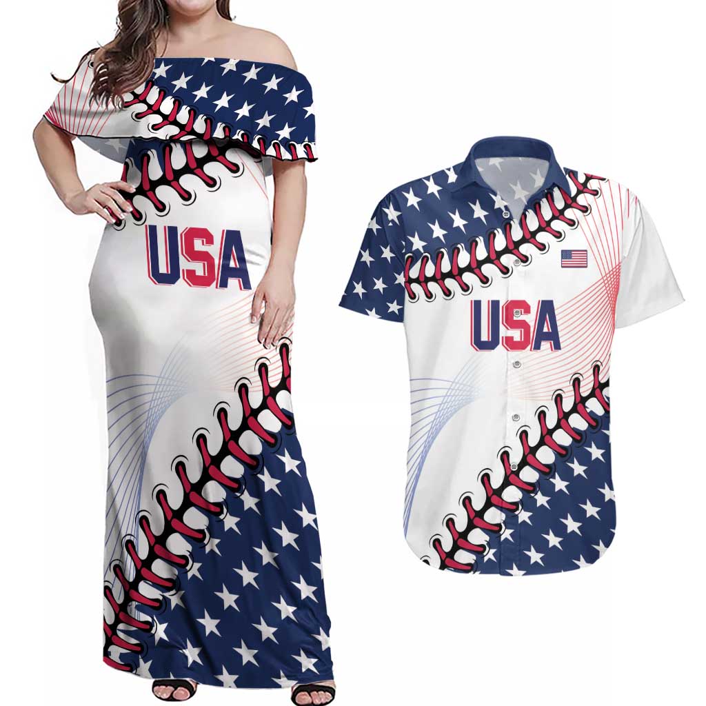 Custom Baseball 2024 USA Couples Matching Off Shoulder Maxi Dress and Hawaiian Shirt Go United States - Wonder Print Shop