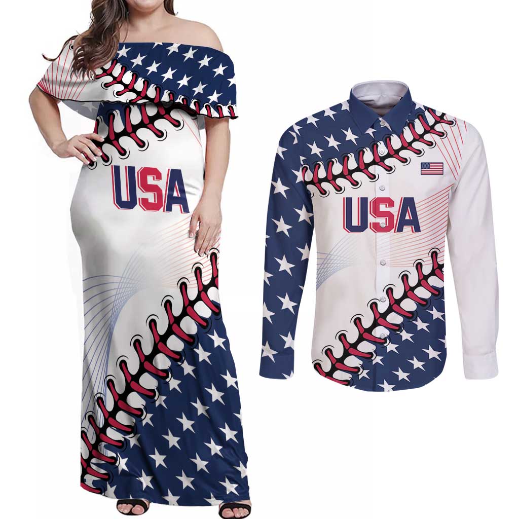 Custom Baseball 2024 USA Couples Matching Off Shoulder Maxi Dress and Long Sleeve Button Shirt Go United States - Wonder Print Shop