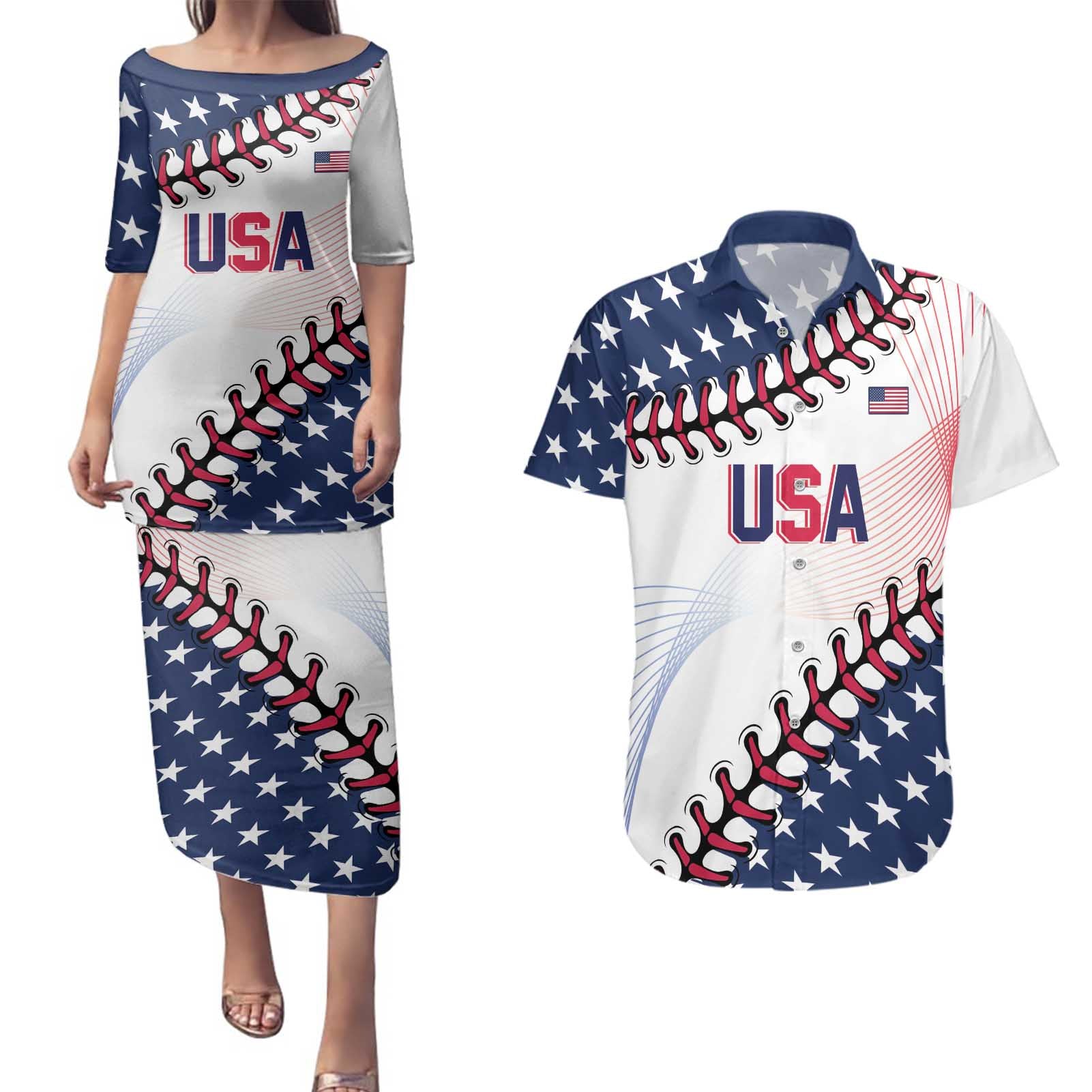 Custom Baseball 2024 USA Couples Matching Puletasi and Hawaiian Shirt Go United States - Wonder Print Shop