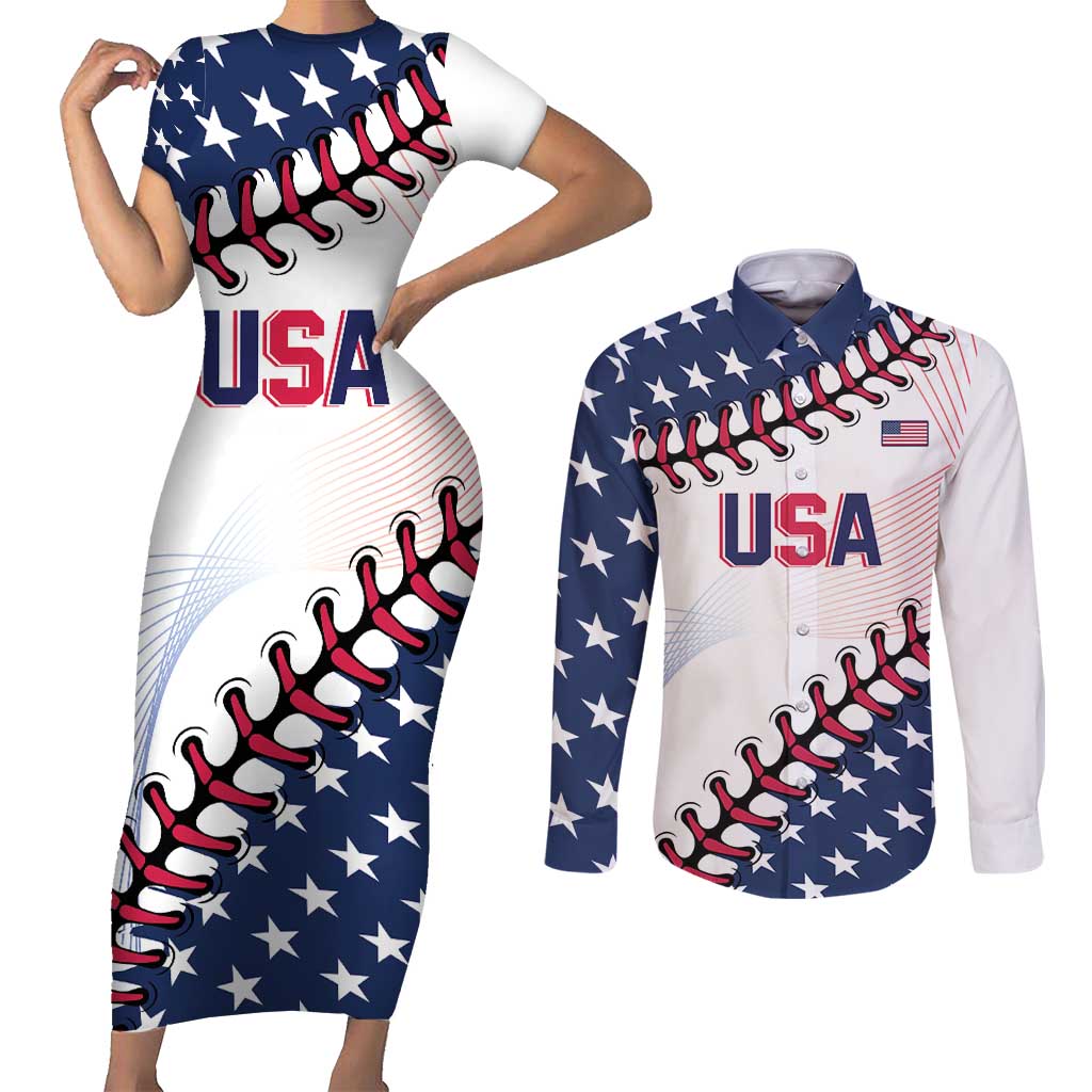 Custom Baseball 2024 USA Couples Matching Short Sleeve Bodycon Dress and Long Sleeve Button Shirt Go United States - Wonder Print Shop