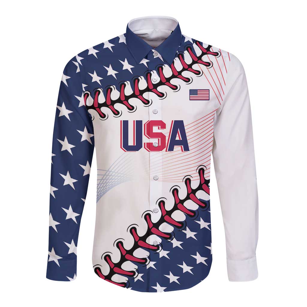 Men's long-sleeve button baseball shirt, white with USA stars and red/blue graphic