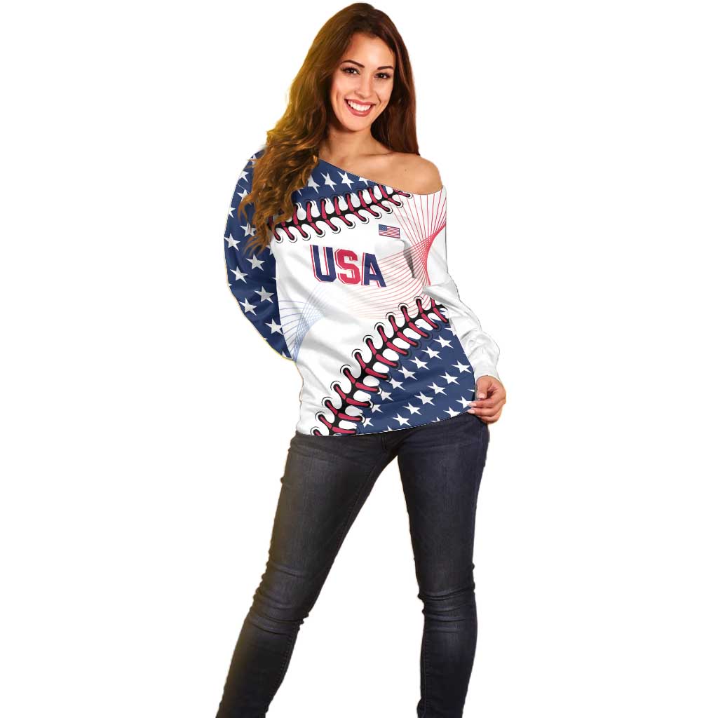 Women’s off-shoulder sweater with USA baseball graphic, long sleeves, side view, white/navy