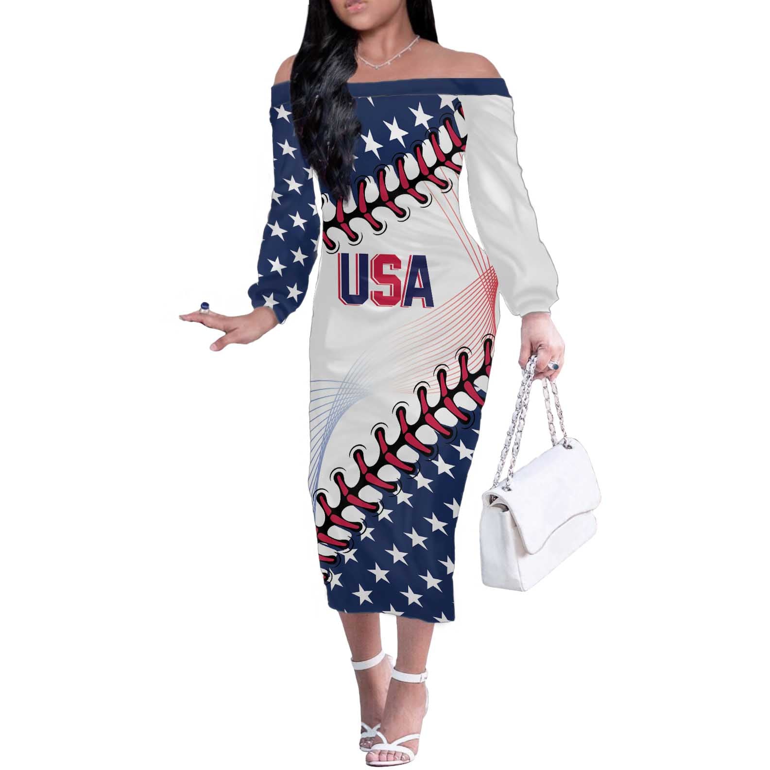 Custom Baseball 2024 USA Off The Shoulder Long Sleeve Dress Go United States - Wonder Print Shop