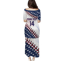 Back view baseball graphic long dress with stars, red laces, and text 14