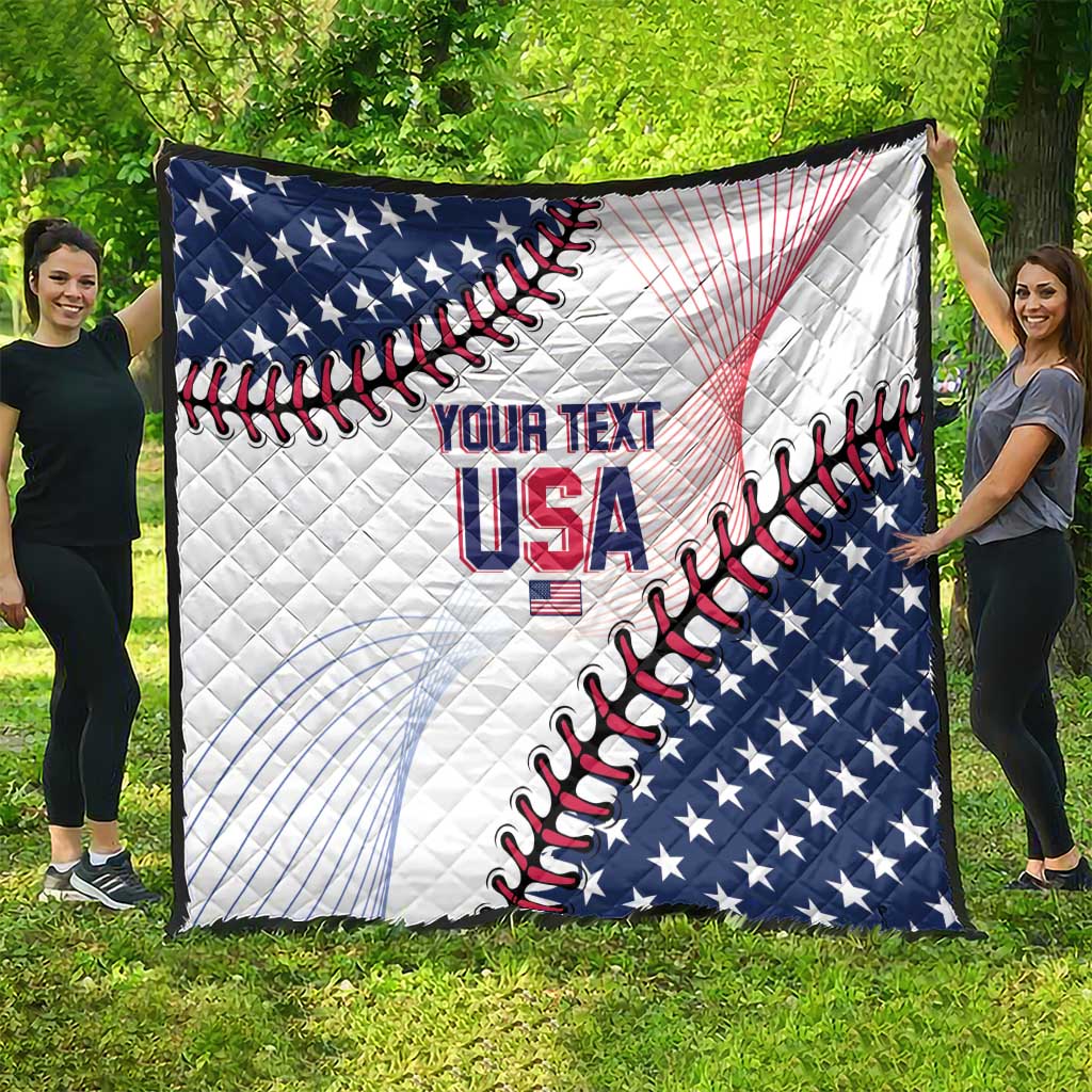 USA baseball quilt blanket with quilted texture, stars, and red/black stitch design
