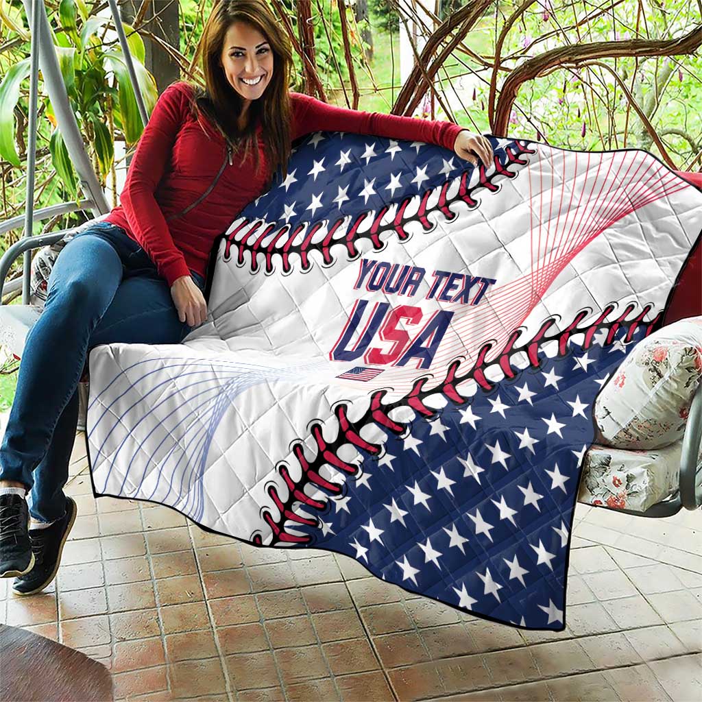 Baseball quilt blanket showing USA stars, red/black lace design, and custom text