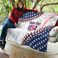 Baseball quilt blanket showing USA stars, red/black lace design, and custom text