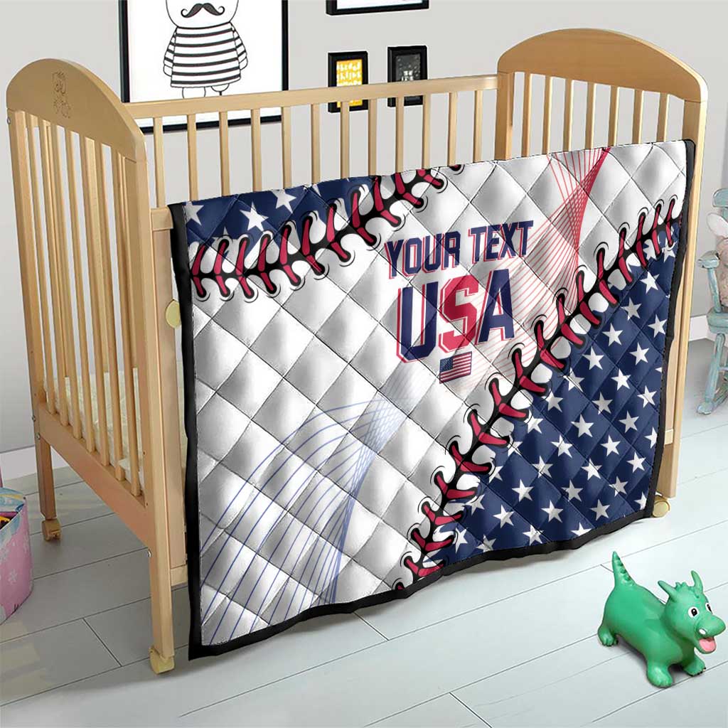 USA baseball quilt blanket with stars, red/black baseball lacing, and custom text