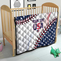 USA baseball quilt blanket with stars, red/black baseball lacing, and custom text