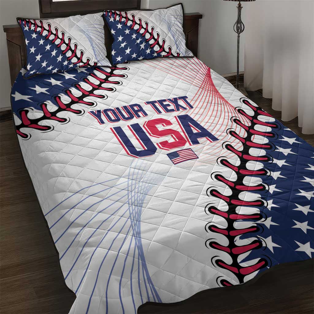 USA quilt bed set with baseball stitch pattern, white top with navy and red accents