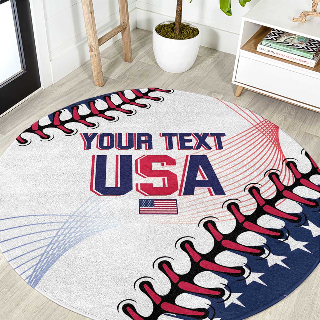 White round rug with USA lettering, stars, and red-blue baseball glove graphic edge