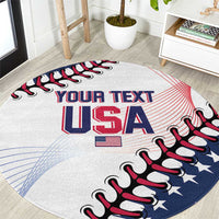 White round rug with USA lettering, stars, and red-blue baseball glove graphic edge
