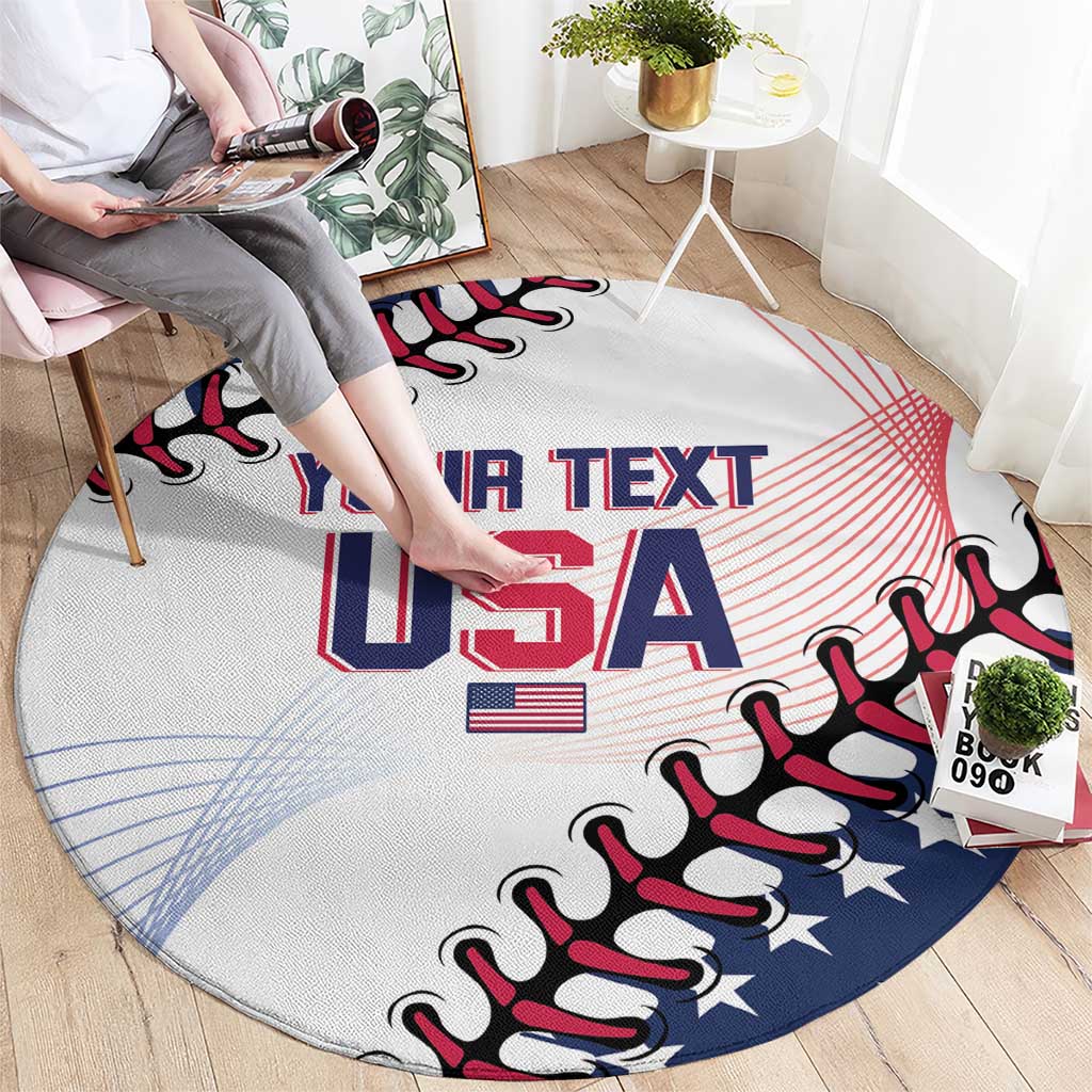 White round rug with USA lettering, stars, and red-blue baseball glove graphic in room