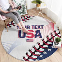 White round rug with USA lettering, stars, and red-blue baseball glove graphic in room