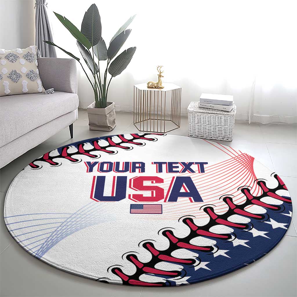 White round rug with USA lettering, stars, and red-blue baseball glove graphic