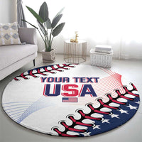 White round rug with USA lettering, stars, and red-blue baseball glove graphic