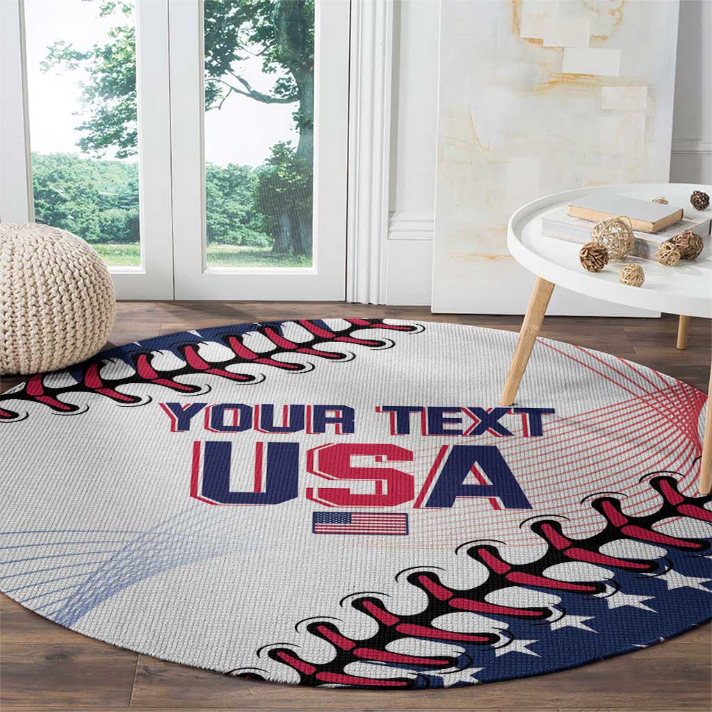 White round rug with USA lettering and stars, red-blue baseball glove graphic detail