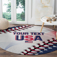 White round rug with USA lettering and stars, red-blue baseball glove graphic detail
