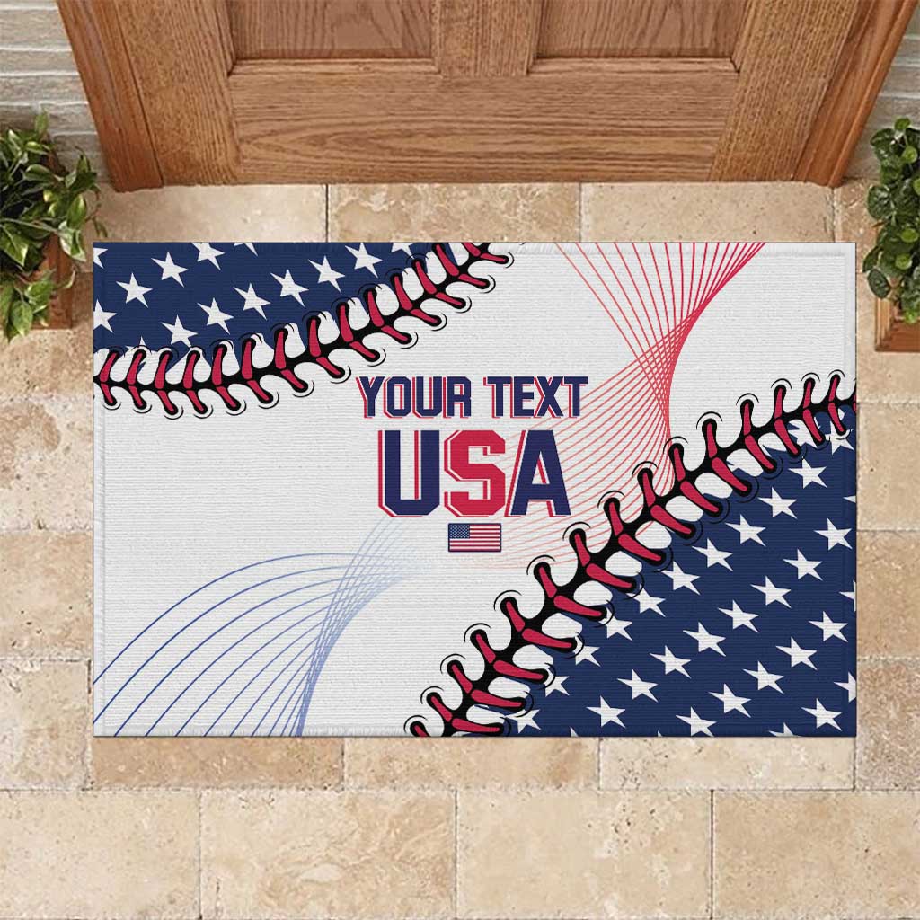 USA baseball rubber doormat with stars, stitched baseball border, “YOUR TEXT” and USA logo